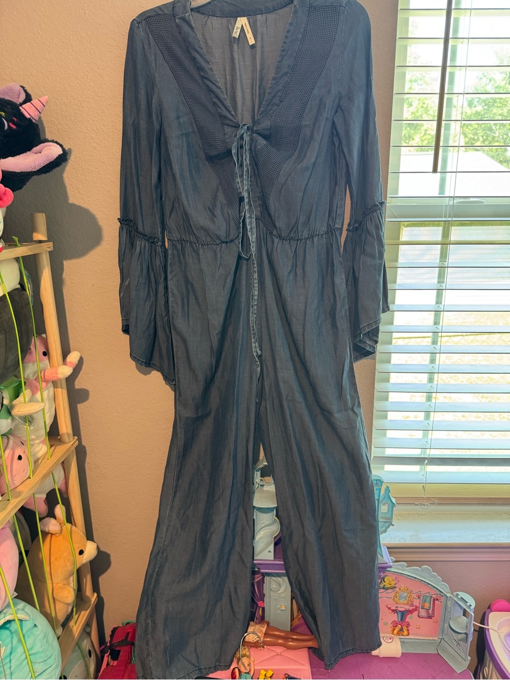 Truth Slate Blue Long-Sleeve Wide-Leg Jumpsuit with Front Tie